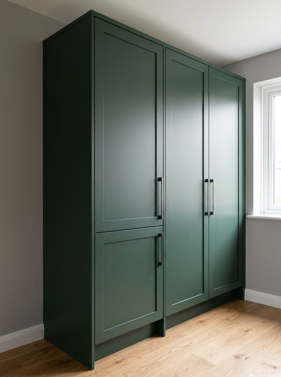 portrait2_600x800-129 matte dark green cupboards with black handles and wood flooring