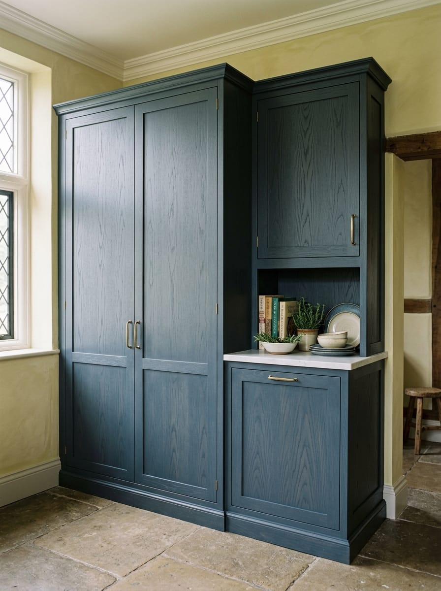 blue wood grain cupboards with brass handles and white countertop display