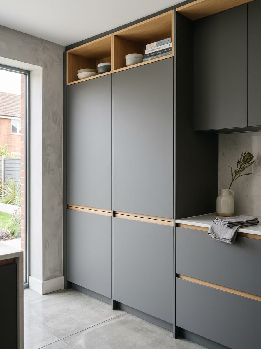 matte grey cupboards with wood accents and open shelving displaying bowls and books