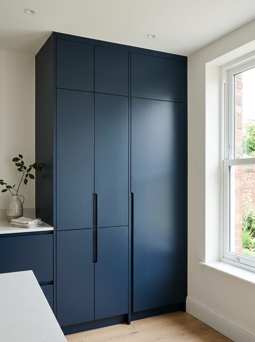 matte navy cupboards with tall black handles beside a bright window