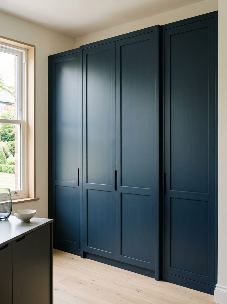 tall matte navy cupboards with recessed handles against a pale wall