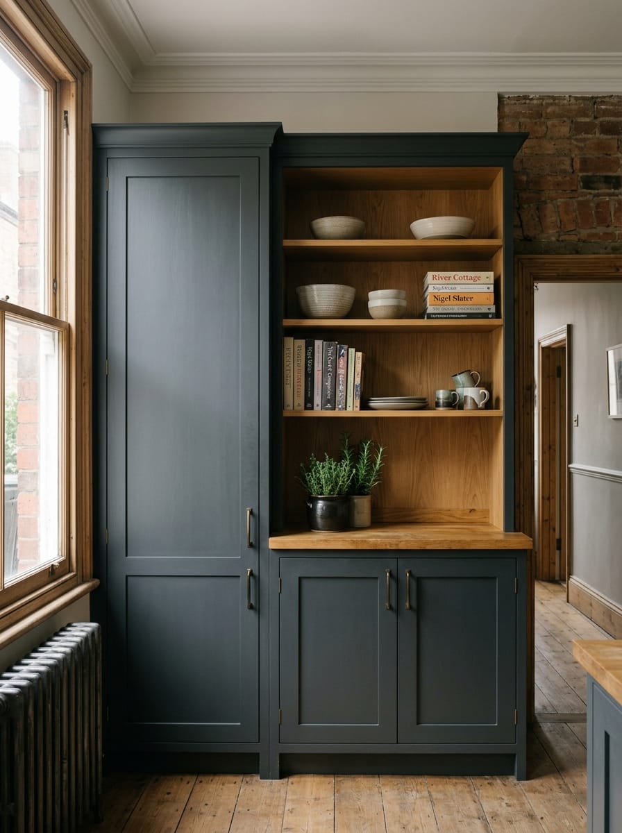 portrait2_600x800-14 dark blue units with wooden shelves displaying bowls, books and mugs