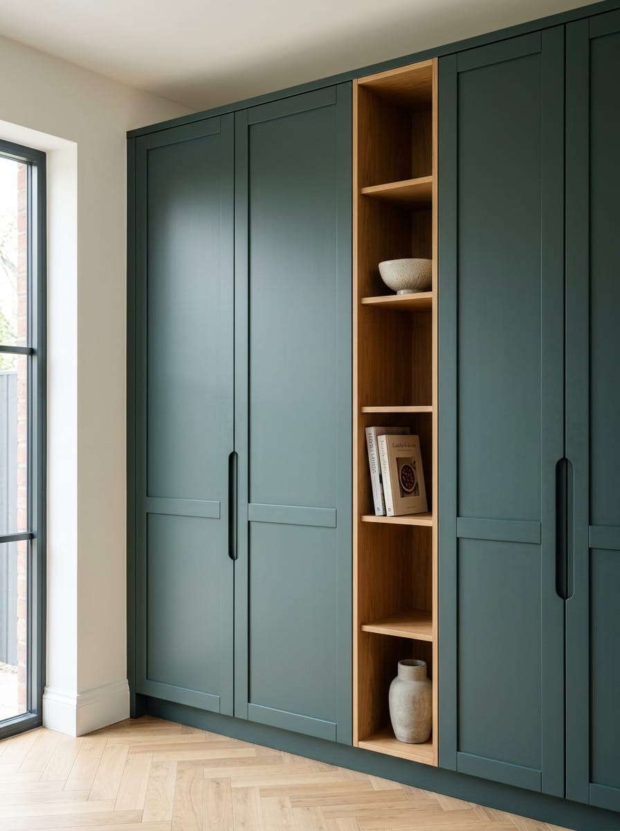 matte green cupboards with central open oak shelving and minimalist decor
