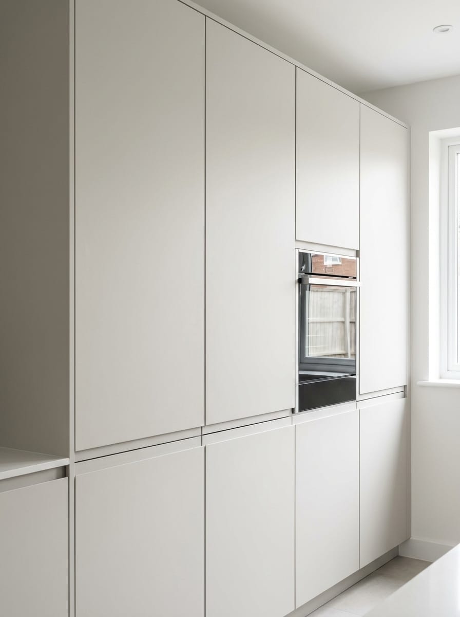 matte light grey kitchen units with integrated oven and flat panel doors