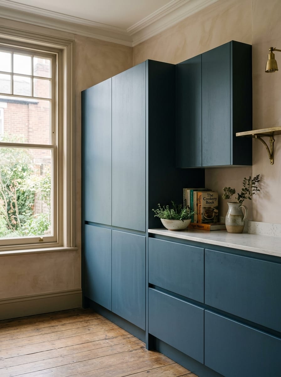 portrait2_600x800-17 matte blue cupboards with handleless doors and pale marble worktop