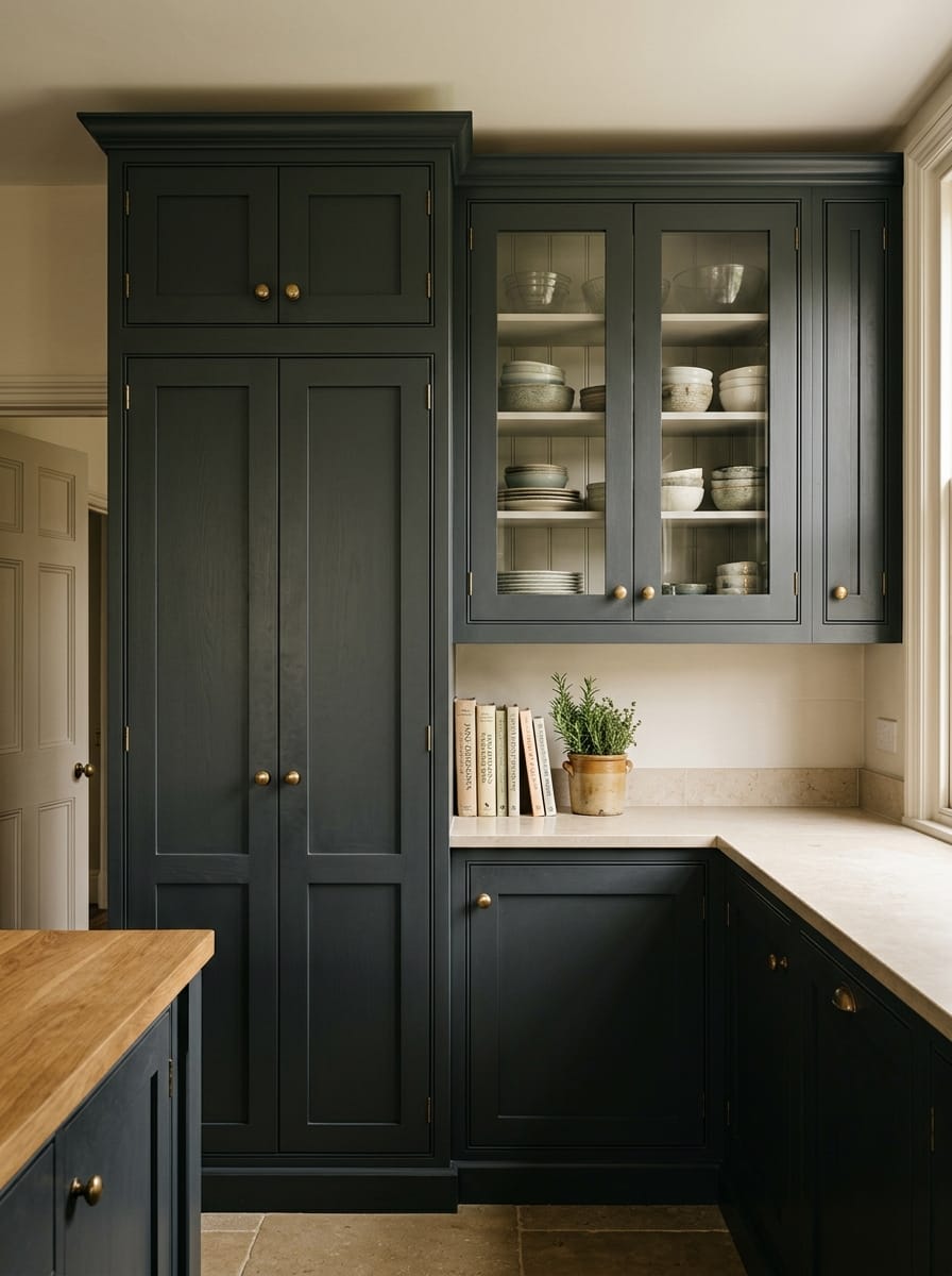 dark blue shaker cupboards with brass knobs and glass display doors