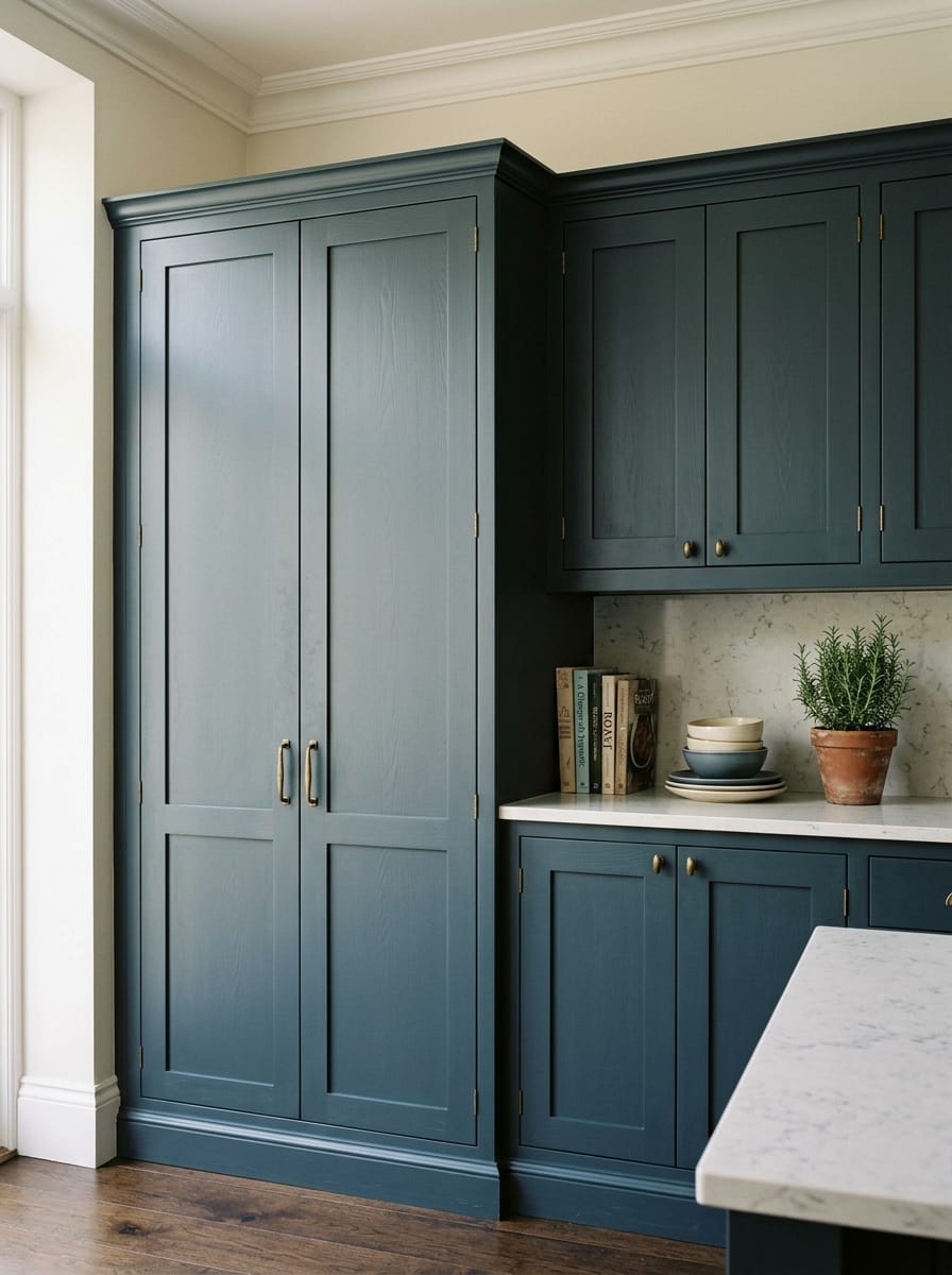 matte blue shaker cupboards with marble worktop and potted herb plant