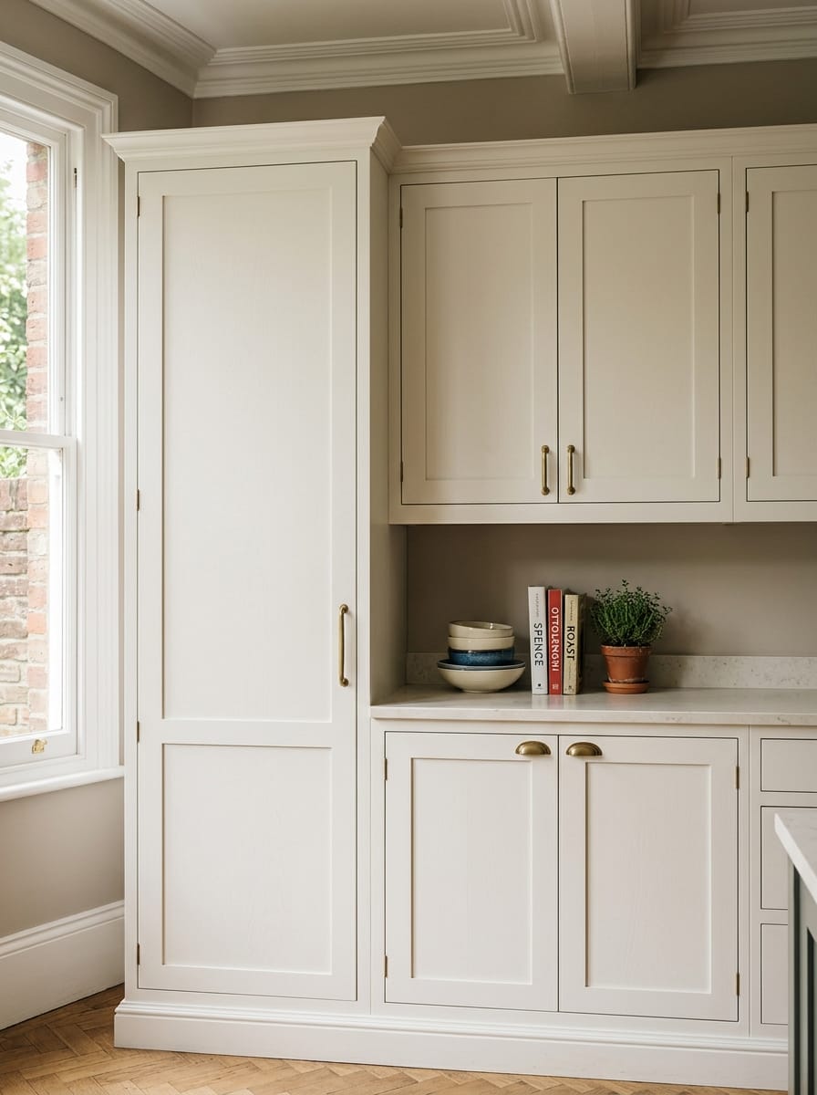 portrait2_600x800-20 cream shaker cupboards with brass handles and open shelf displaying books and bowls