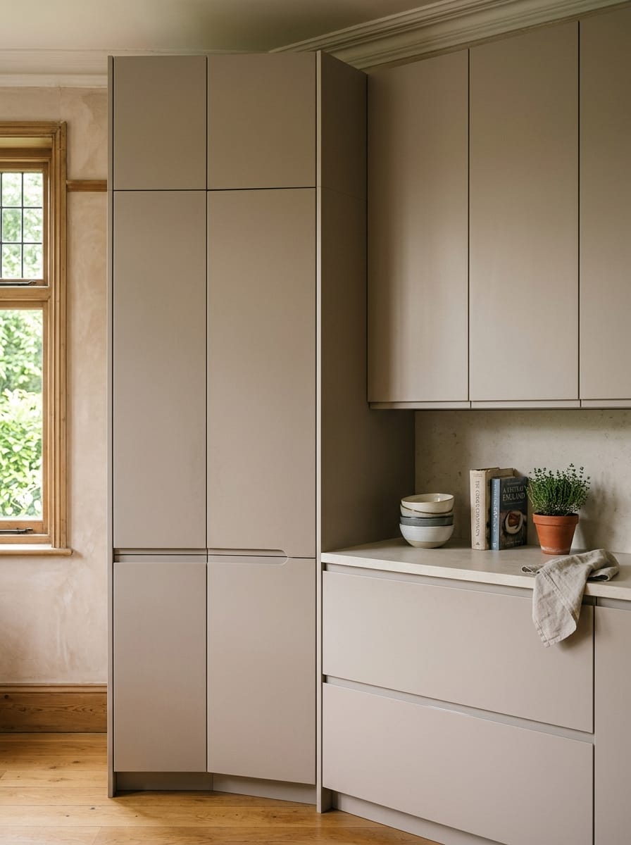 matte taupe kitchen cupboards with handleless doors and minimalist lines