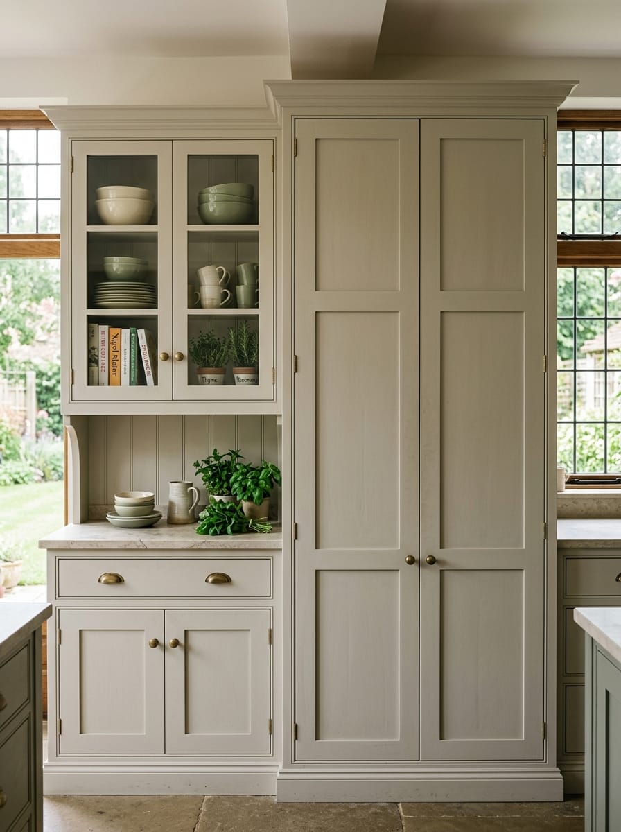 cream shaker cupboards with brass handles and glass display shelves