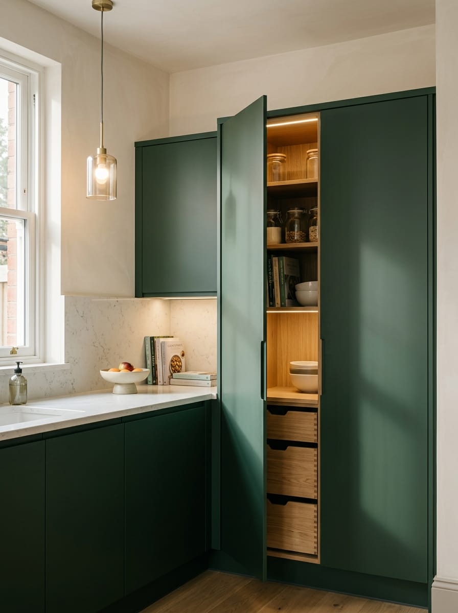 Bespoke kitchen installation, full-height cabinetry and considered storage design