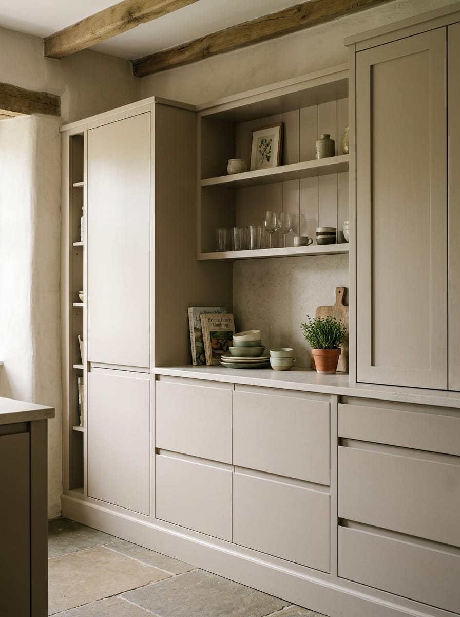 portrait2_600x800-32 matte taupe cupboards with open shelving, rustic beams, and stone tile flooring