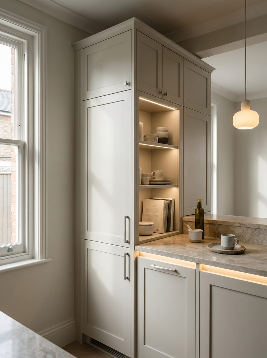 Bespoke kitchen installation, full-height cabinetry and considered storage design