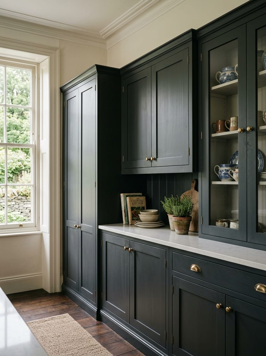 portrait2_600x800-33 dark green shaker cupboards with brass handles and glass display section