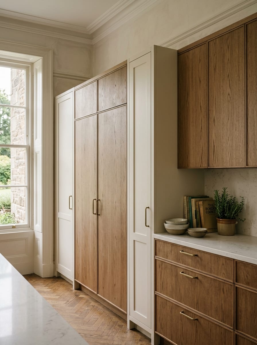 wooden kitchen cupboards with brass handles and marble worktop beside tall window