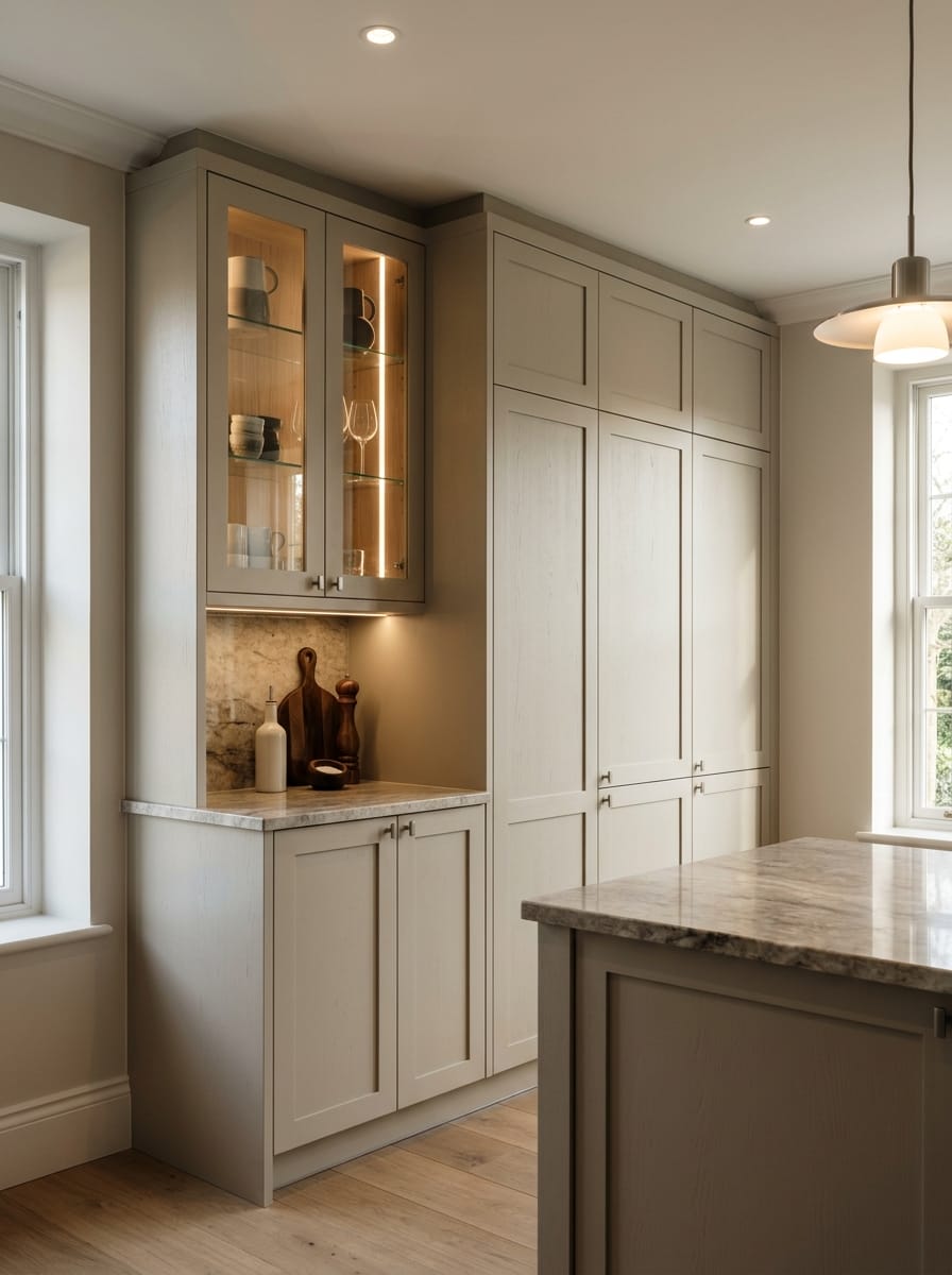 Bespoke kitchen installation, full-height cabinetry and considered storage design