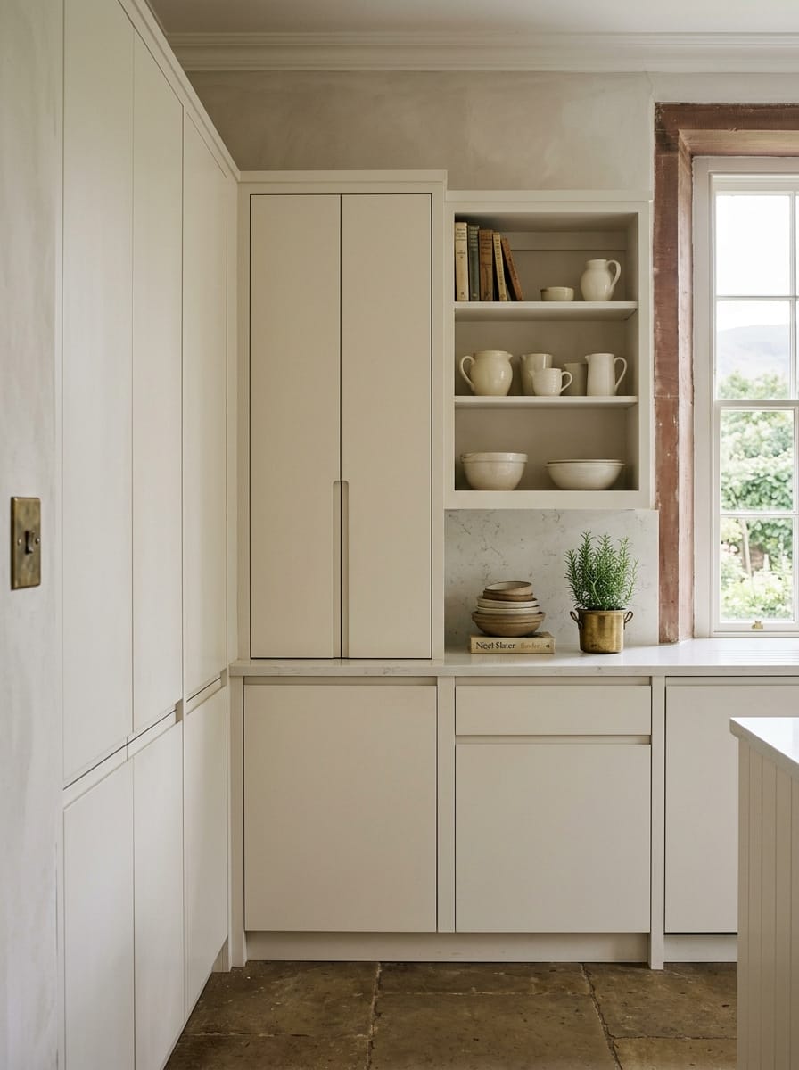 portrait2_600x800-35 cream cupboards with open shelves displaying ceramics and books beside a window