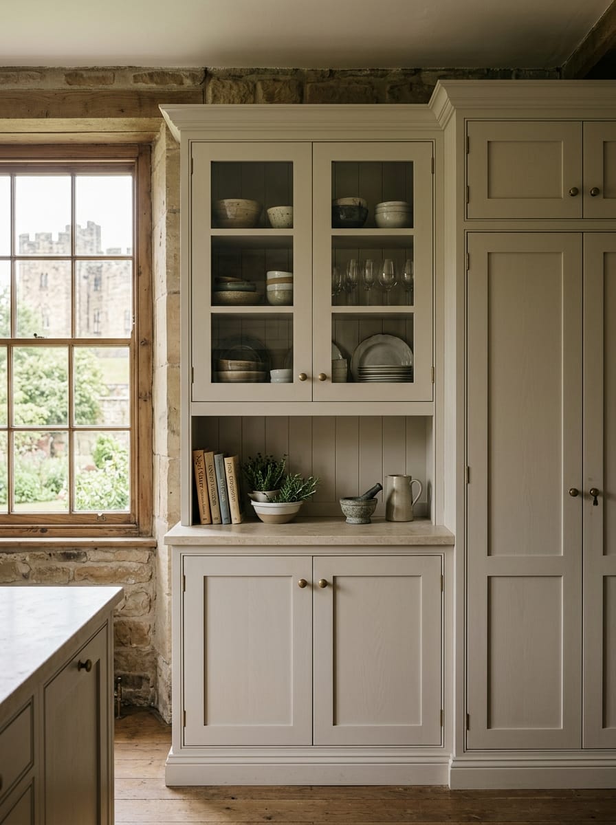 cream shaker cupboard with glass doors, stone wall, wooden floor, books and plants