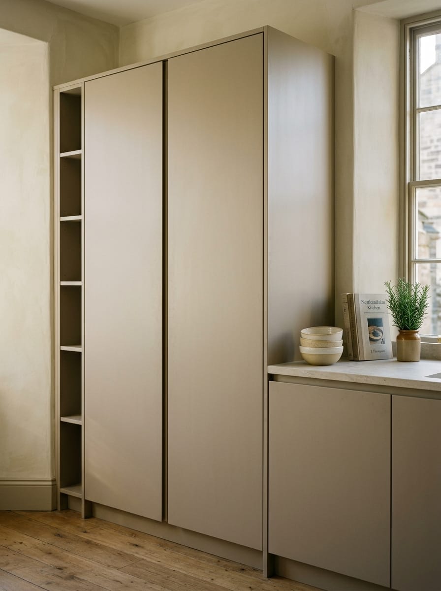 portrait2_600x800-38 matte beige cupboards with slim open shelving and pale wooden floor