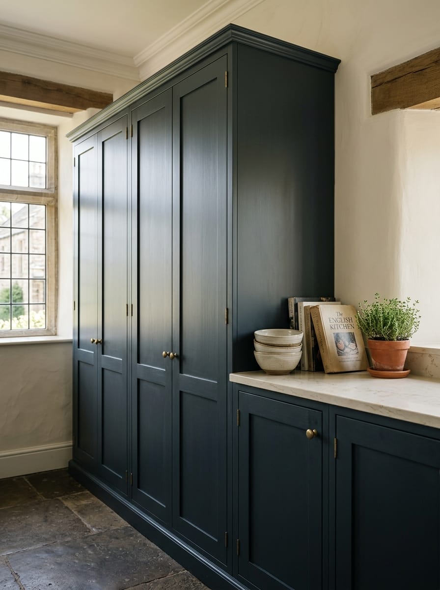 portrait2_600x800-40 dark blue shaker cupboards with brass knobs and marble worktop