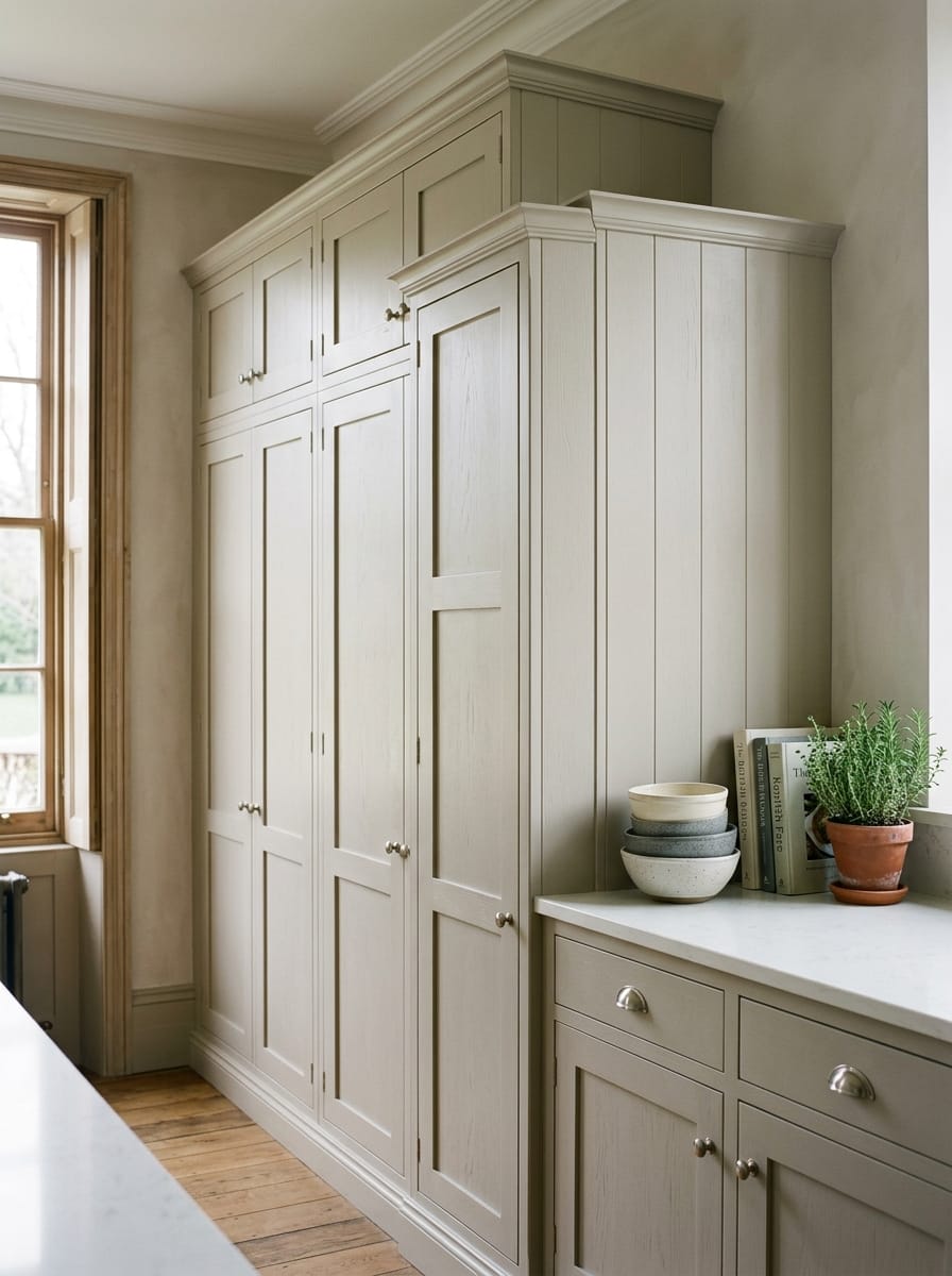 pale grey shaker cupboards with brushed metal knobs and stacked ceramic bowls