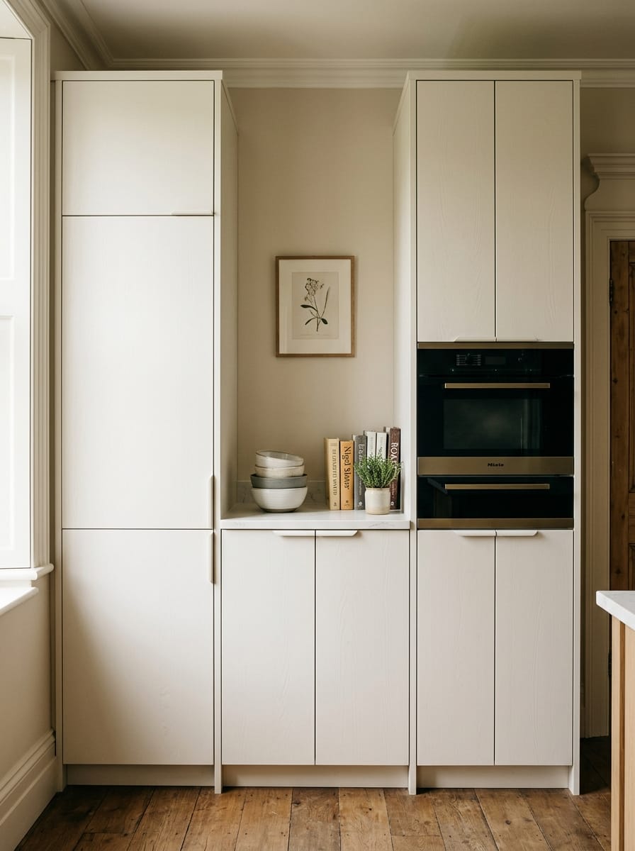 light wood cupboards with black oven, stacked bowls and books on marble surface