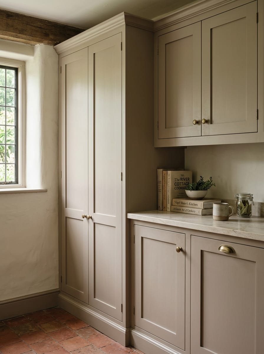 portrait2_600x800-44 pale taupe shaker cupboards with brass knobs beside rustic window and stone worktop