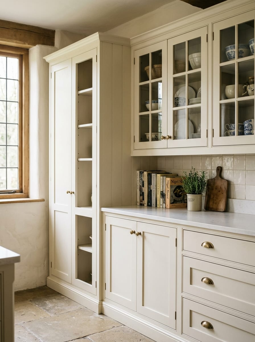 Cream shaker cupboards with brass handles and glass-fronted display shelves