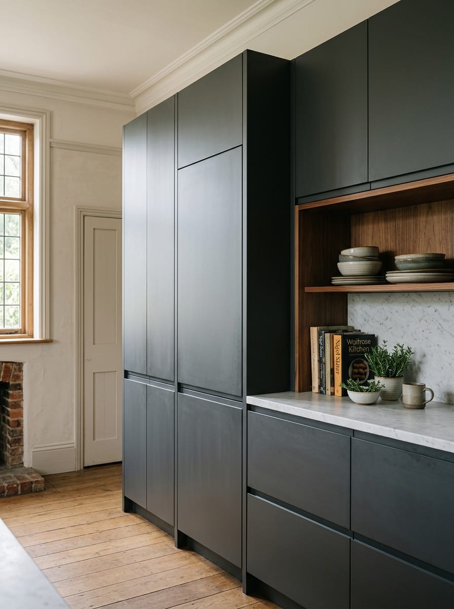 Matte black units with marble worktop and open wooden shelving in Mastercraft kitchen