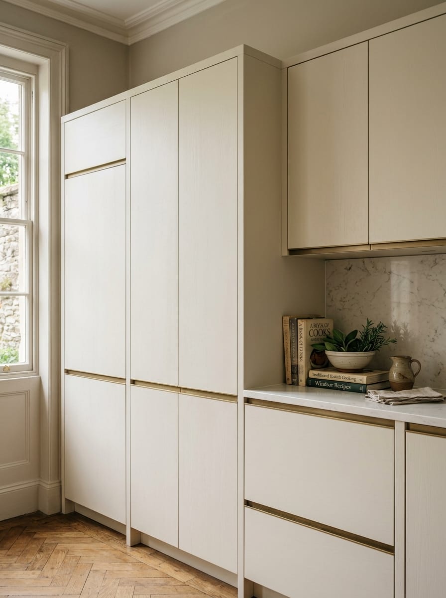 pale wood kitchen units with gold trim and marble splashback