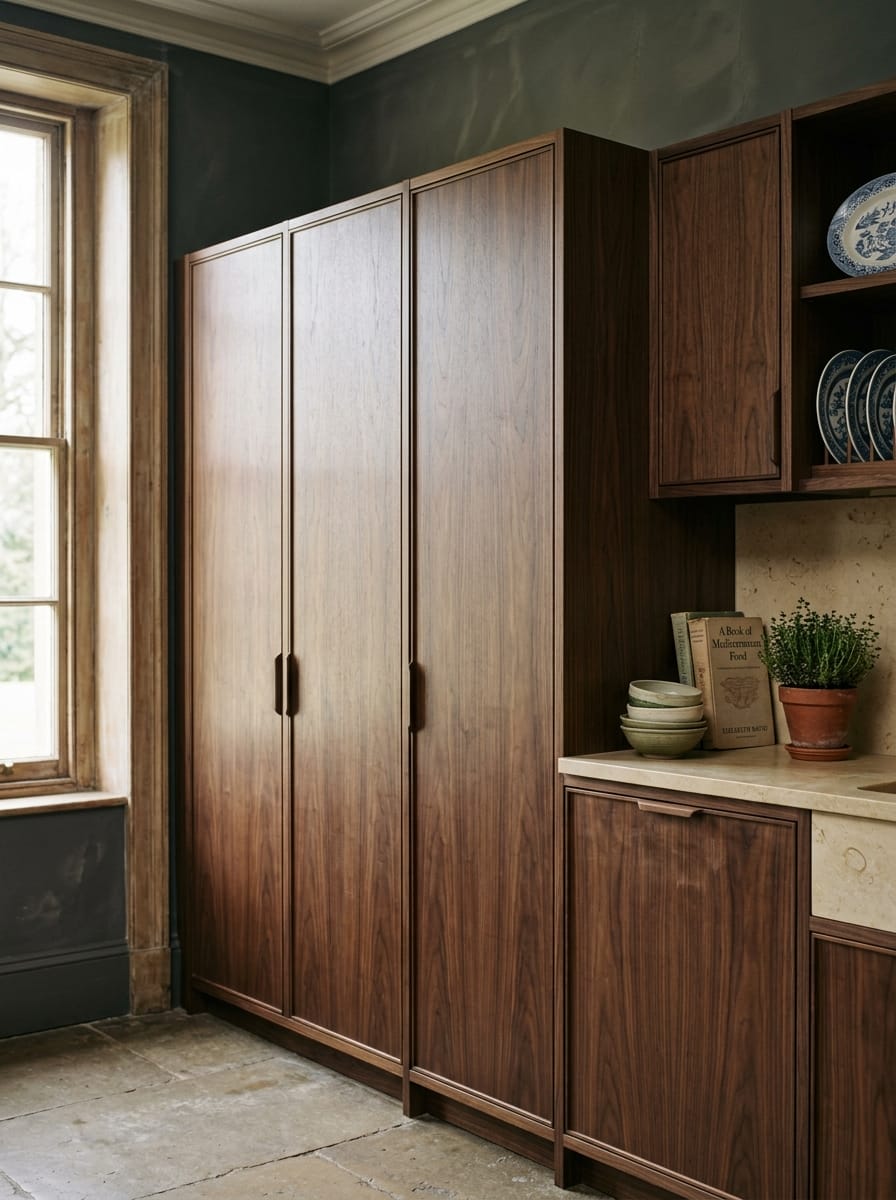 tall walnut cupboards with minimalist handles beside stone countertop and open shelving