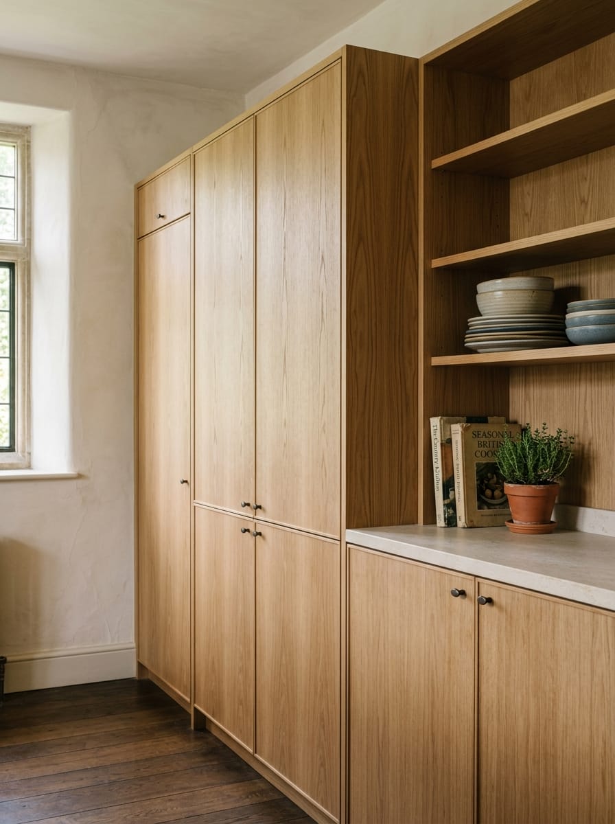 Light oak kitchen units with open shelving and ceramic bowls