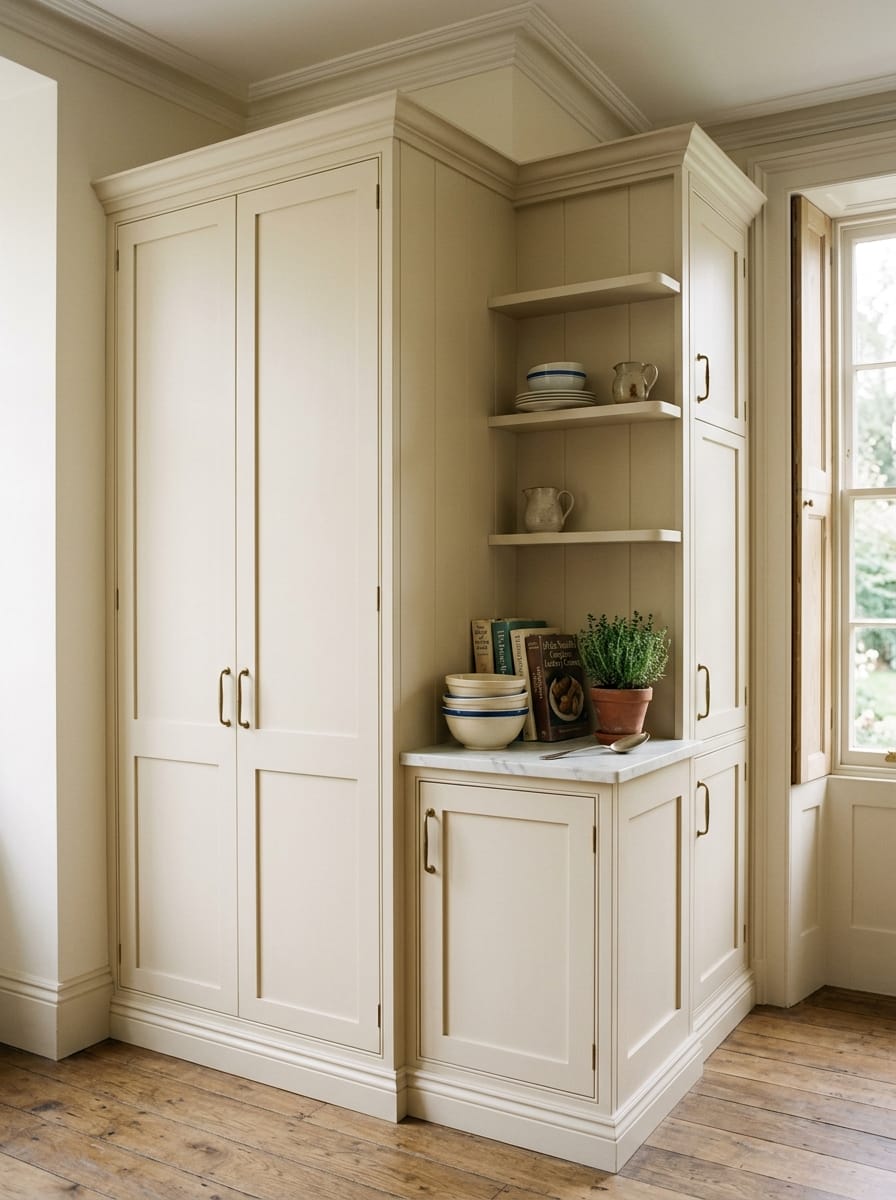 portrait2_600x800-51 cream shaker-style cupboards with open shelving and marble worktop beside window
