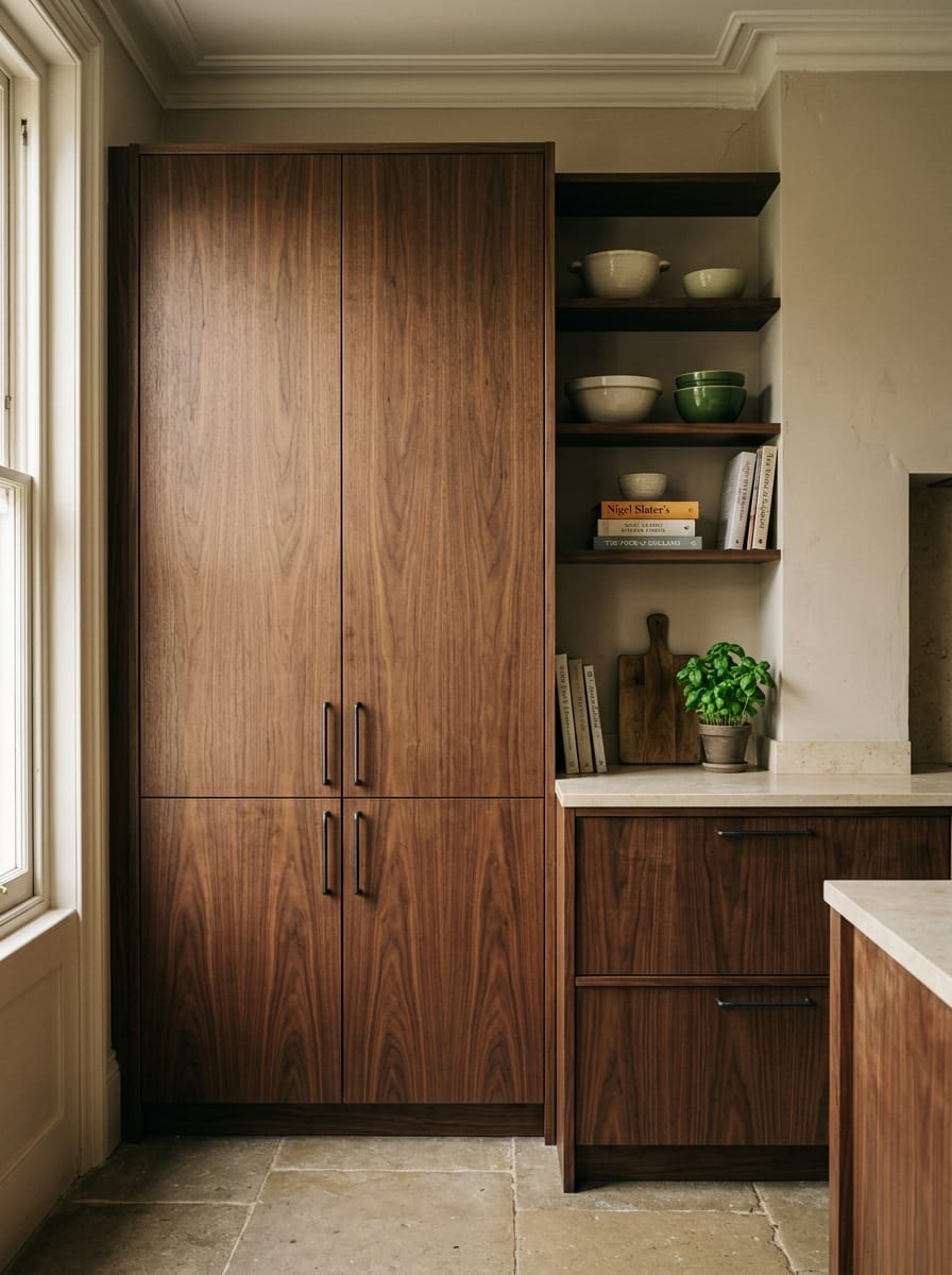 walnut wood cupboards with open shelving and stone worktop