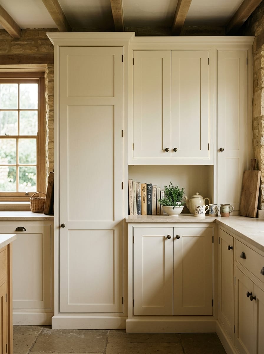 cream shaker cupboards with open shelf displaying books and pottery