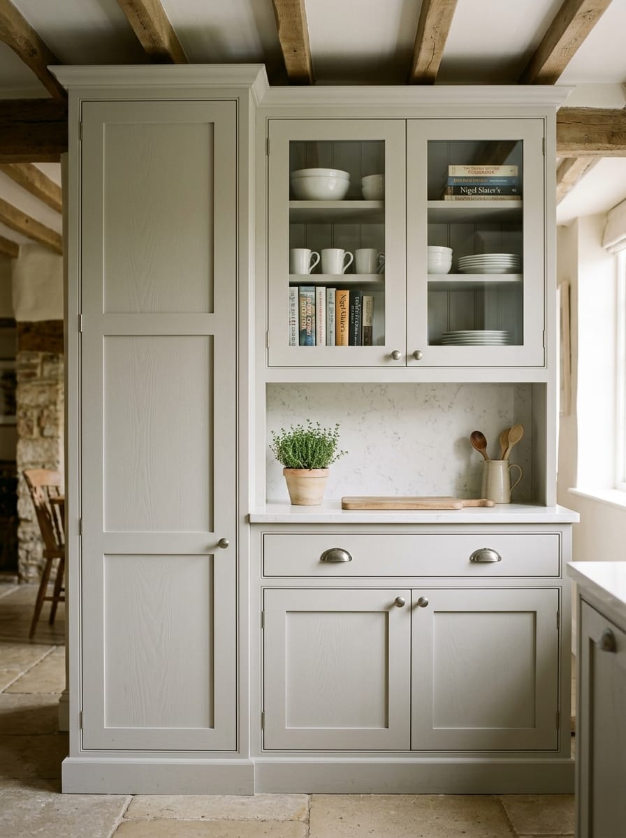 Pale shaker-style units with glass-fronted cupboard, marble splashback and exposed beams