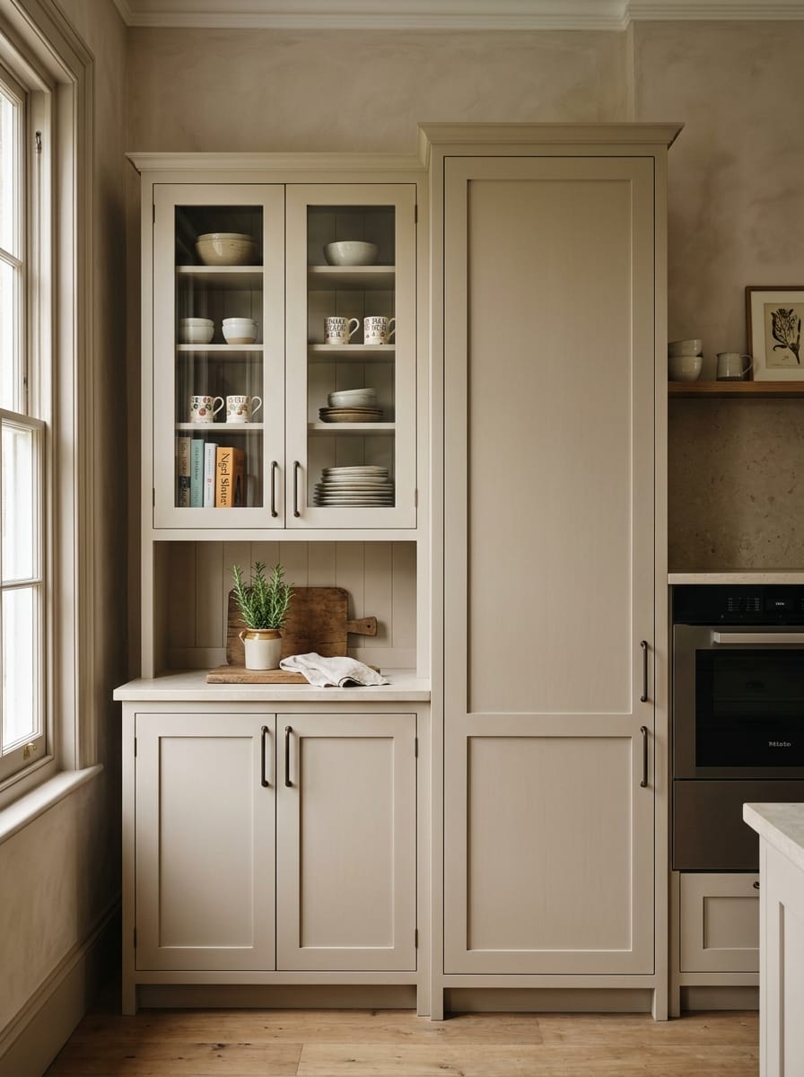 portrait2_600x800-57 cream shaker cupboards with glass doors and open shelving, wooden floor