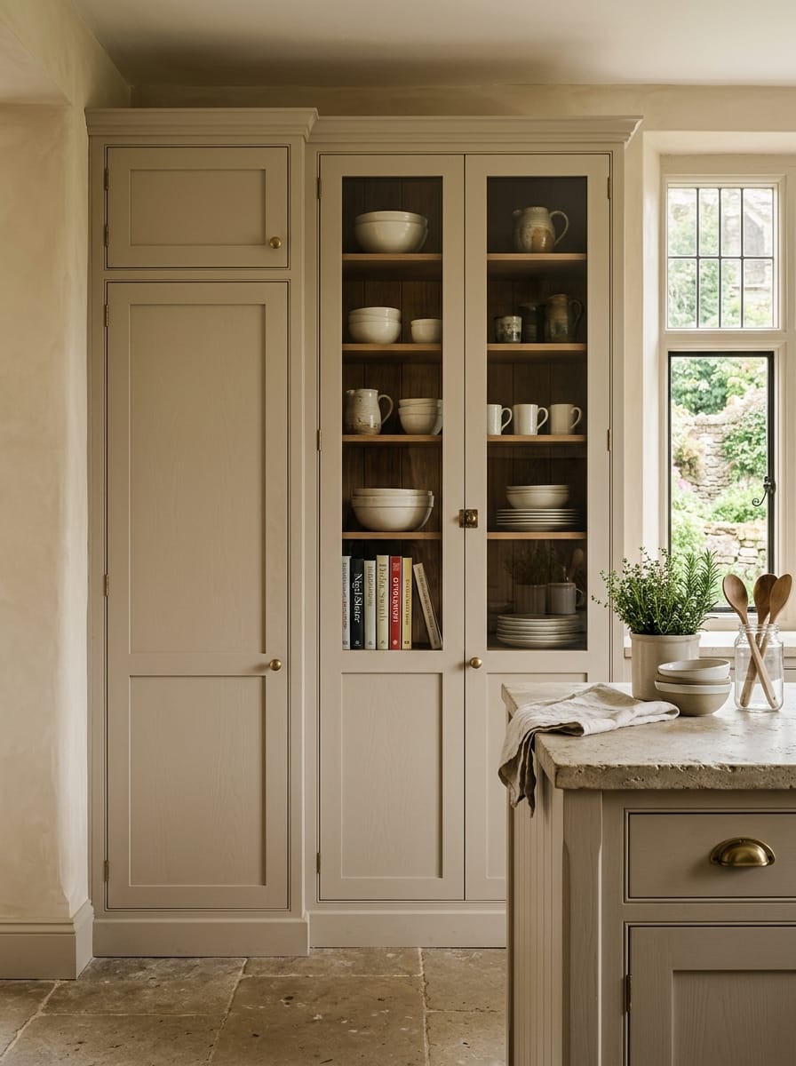 cream cupboards with glass doors displaying crockery and books, stone floor, rustic worktop