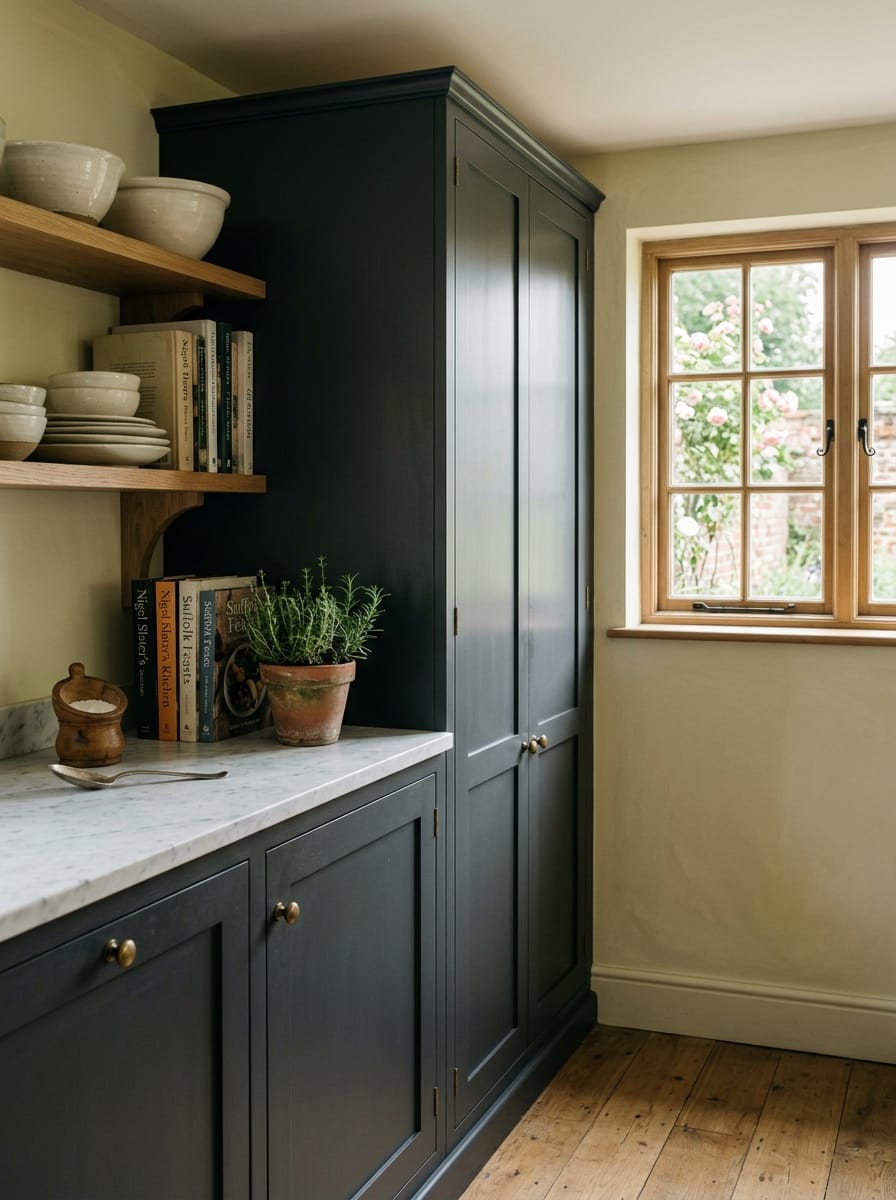 dark blue cupboards with brass knobs and marble worktop beside wooden window
