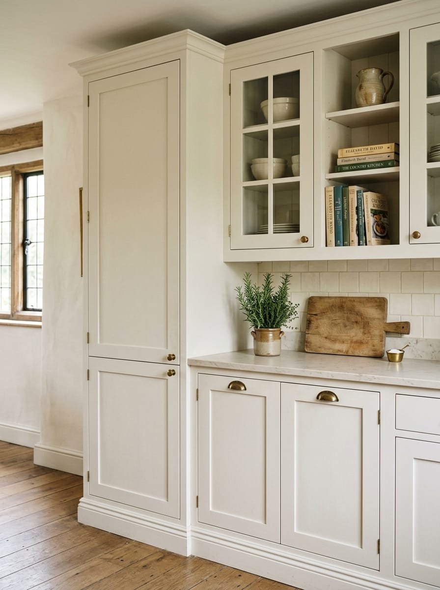 cream shaker cupboards with brass handles and glass-fronted upper shelves