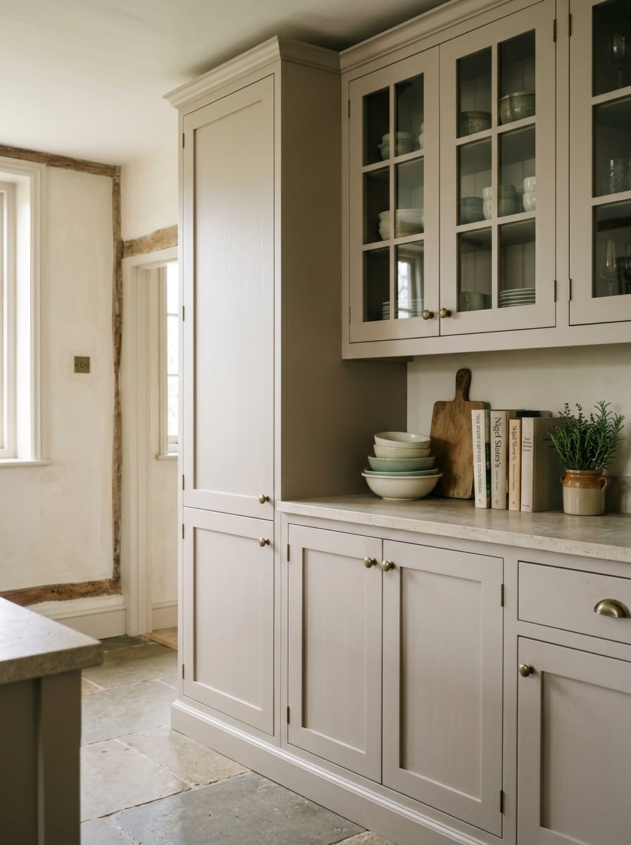 pale shaker cupboards with glass-fronted display and stacked ceramic bowls