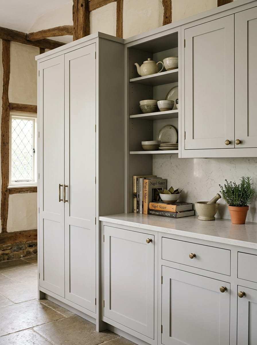 Pale grey shaker cupboards with open shelving and brass handles