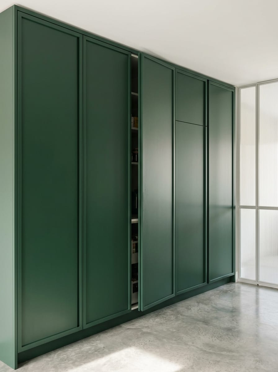 portrait2_600x800-76 Tall matte green cupboards with minimalist panel design and partially open door