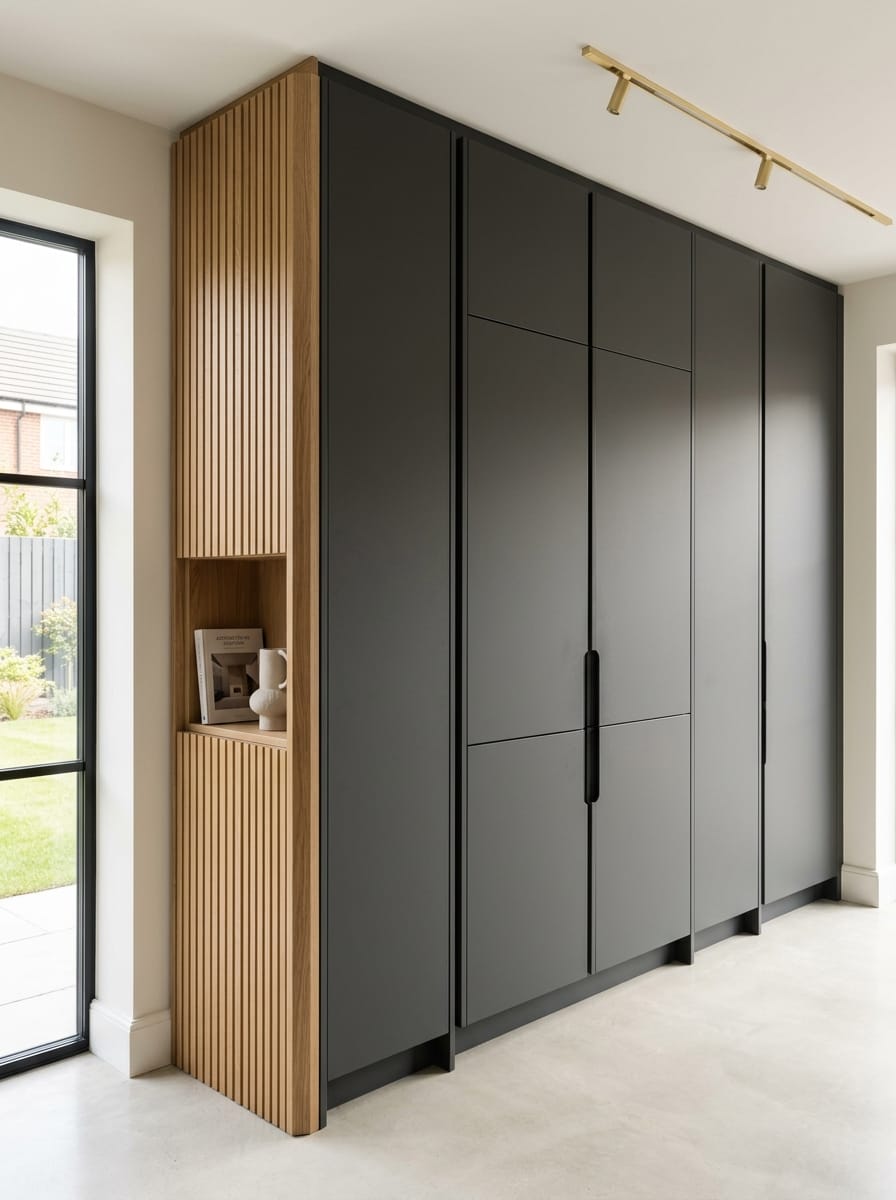 Tall matt black cupboards with vertical oak slatted shelving on the side