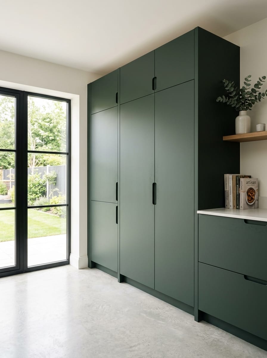 matte green cupboards with black handles beside large black-framed window
