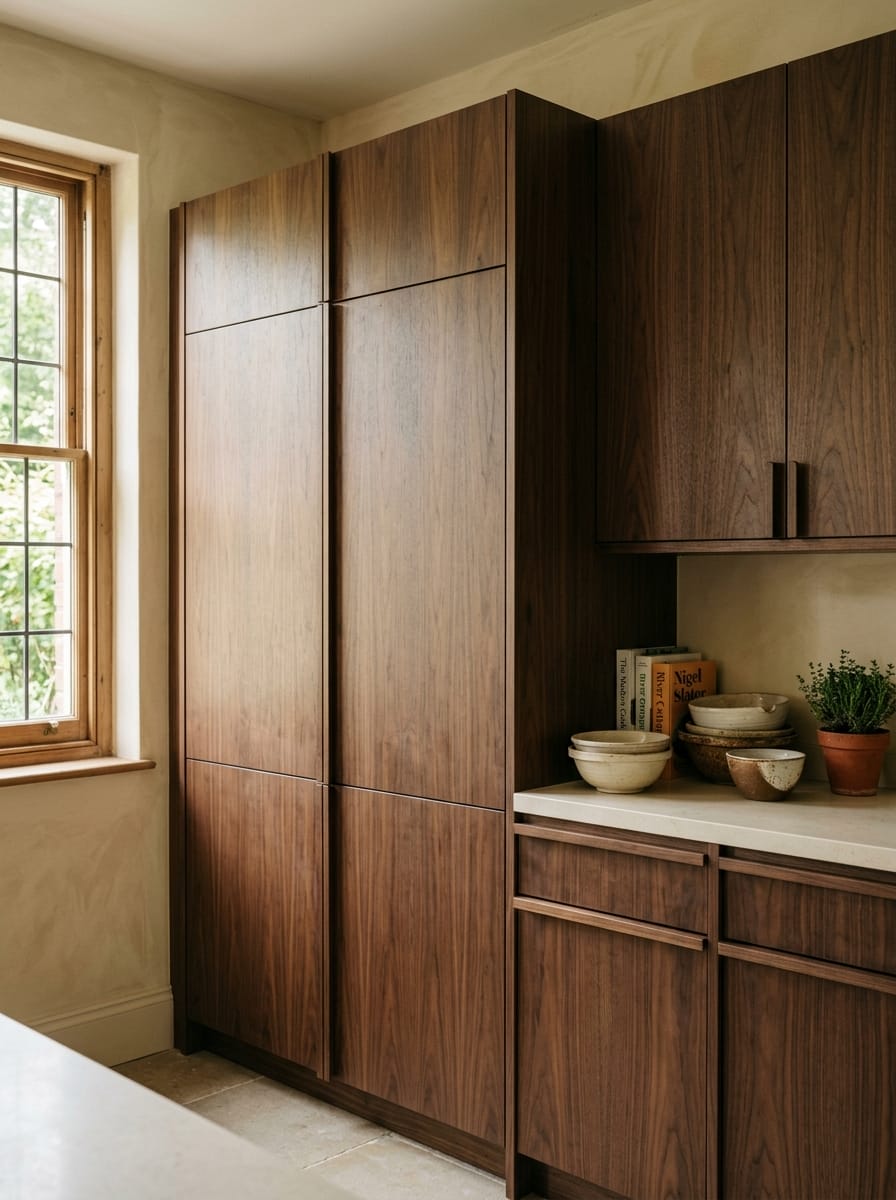 Dark wood kitchen units with clean lines beside a window
