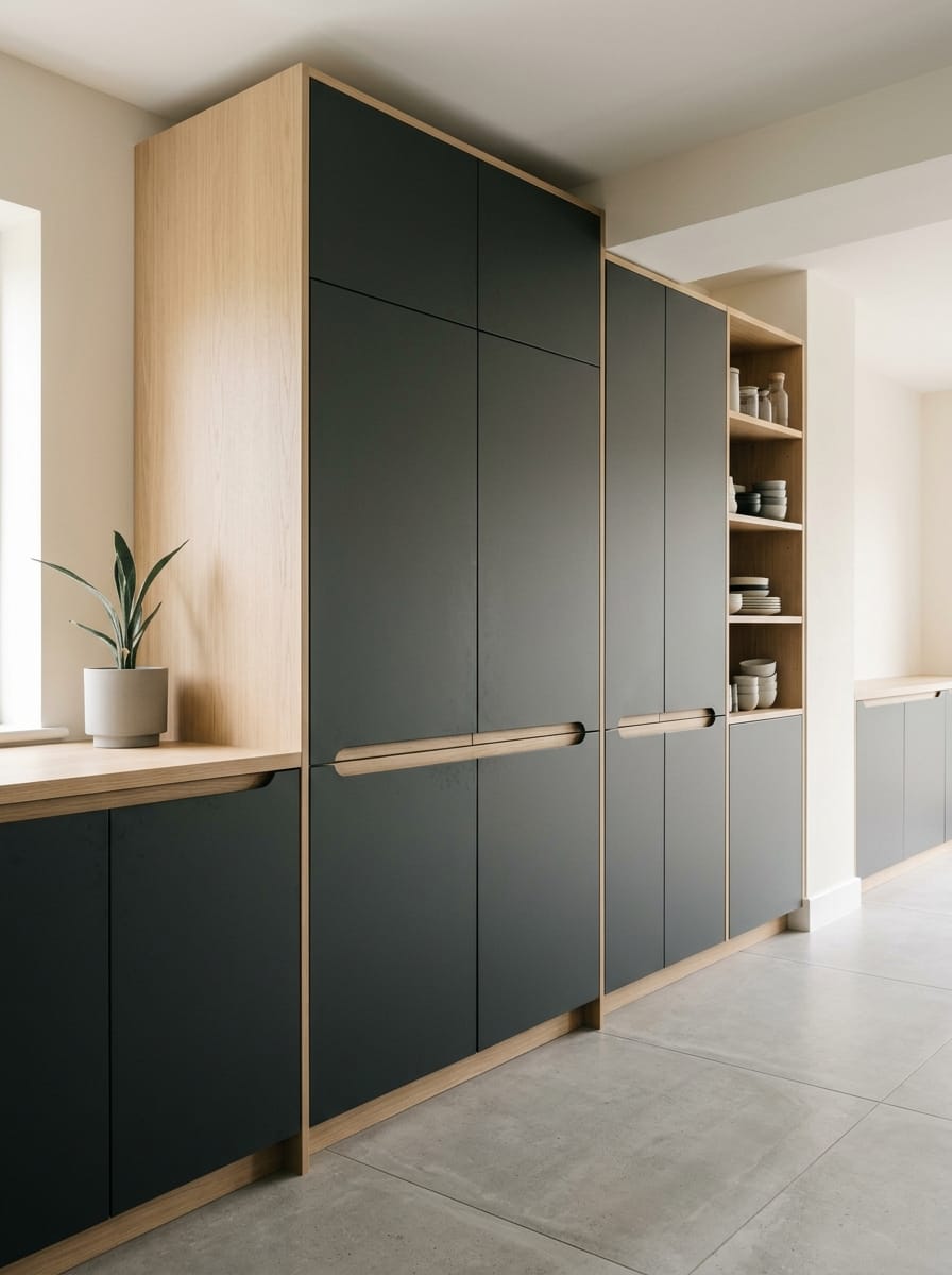 matte black cupboards with light wood trim and open shelving