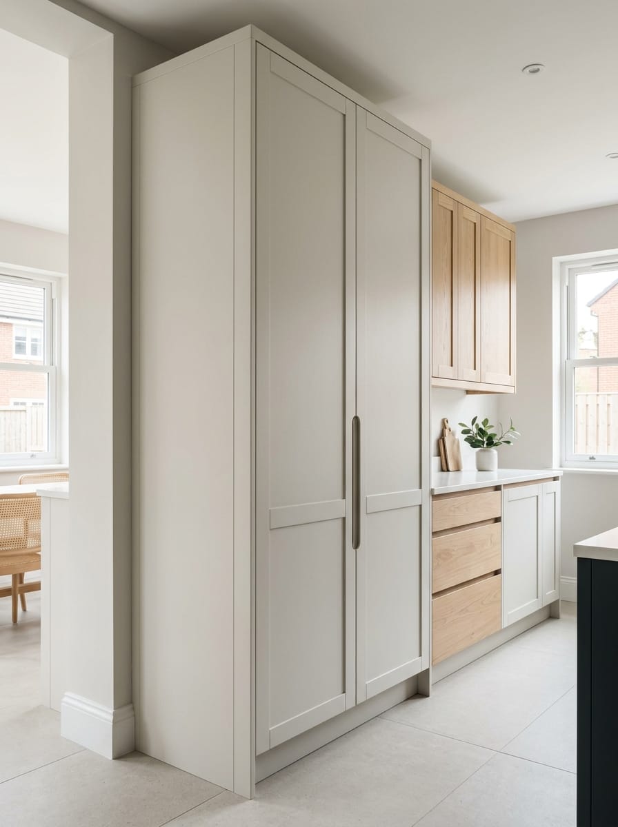 Tall pale grey cupboards with wood drawers in a bright Mastercraft kitchen