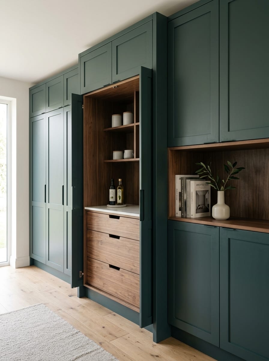portrait2_600x800-94 Green shaker-style units with open walnut shelving and drawers in Mastercraft kitchen