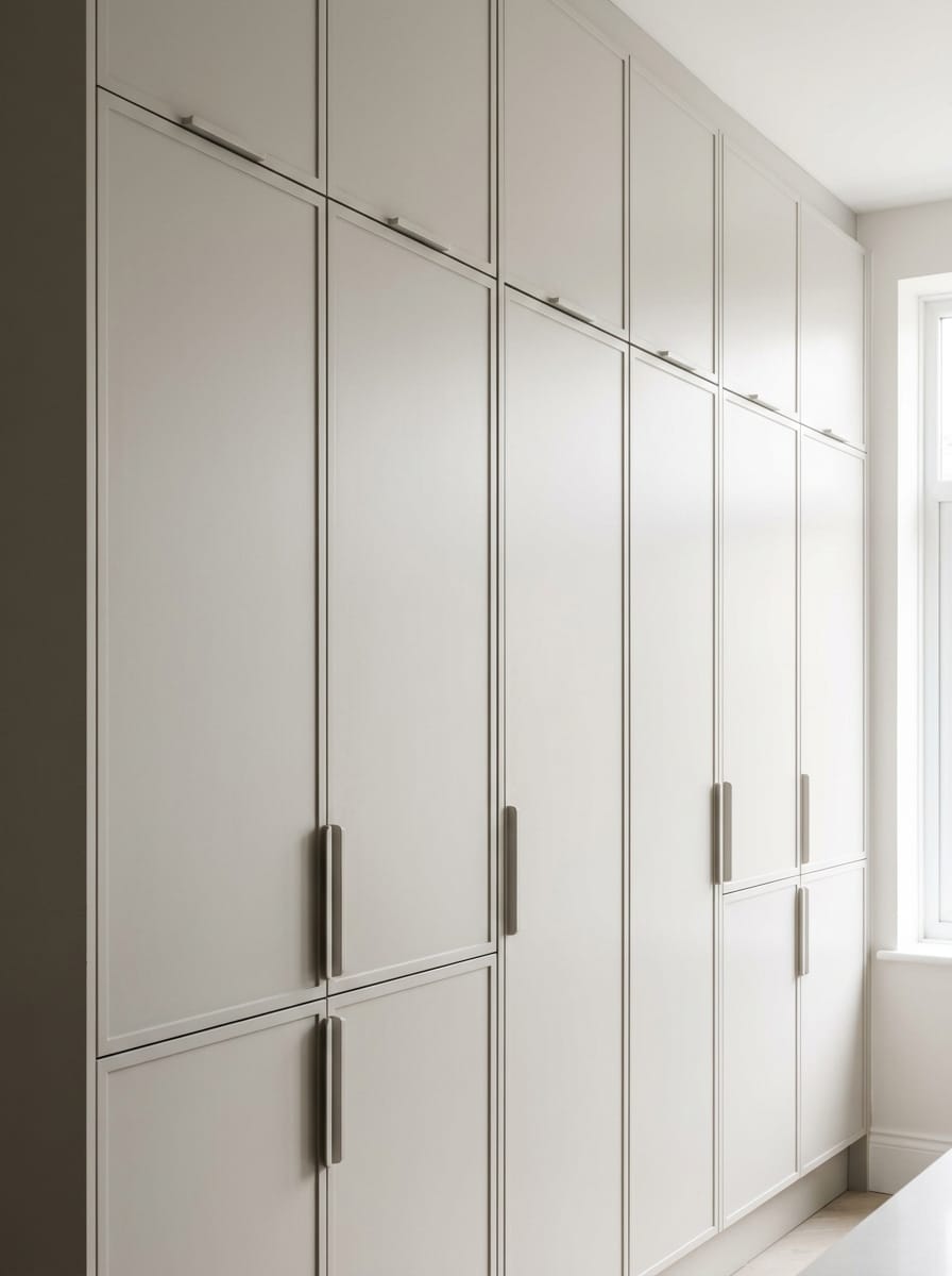 tall matte light grey cupboards with long vertical handles by a window
